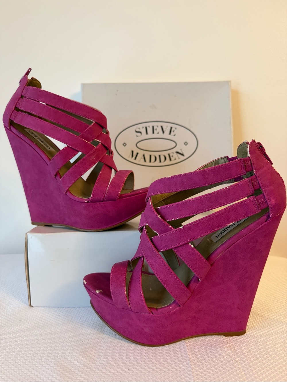 Steve Madden Fuschia Suede Strappy Wedge Heels